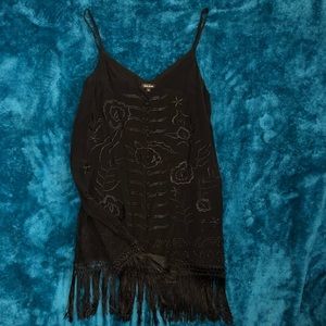 Black long-line tassel tank top